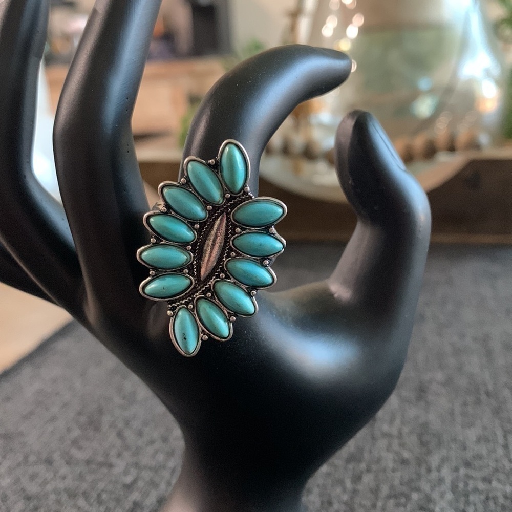 TURQUOISE BEADED SILVERTONE OVERLAPPING OVAL RING - Picture 2 of 4